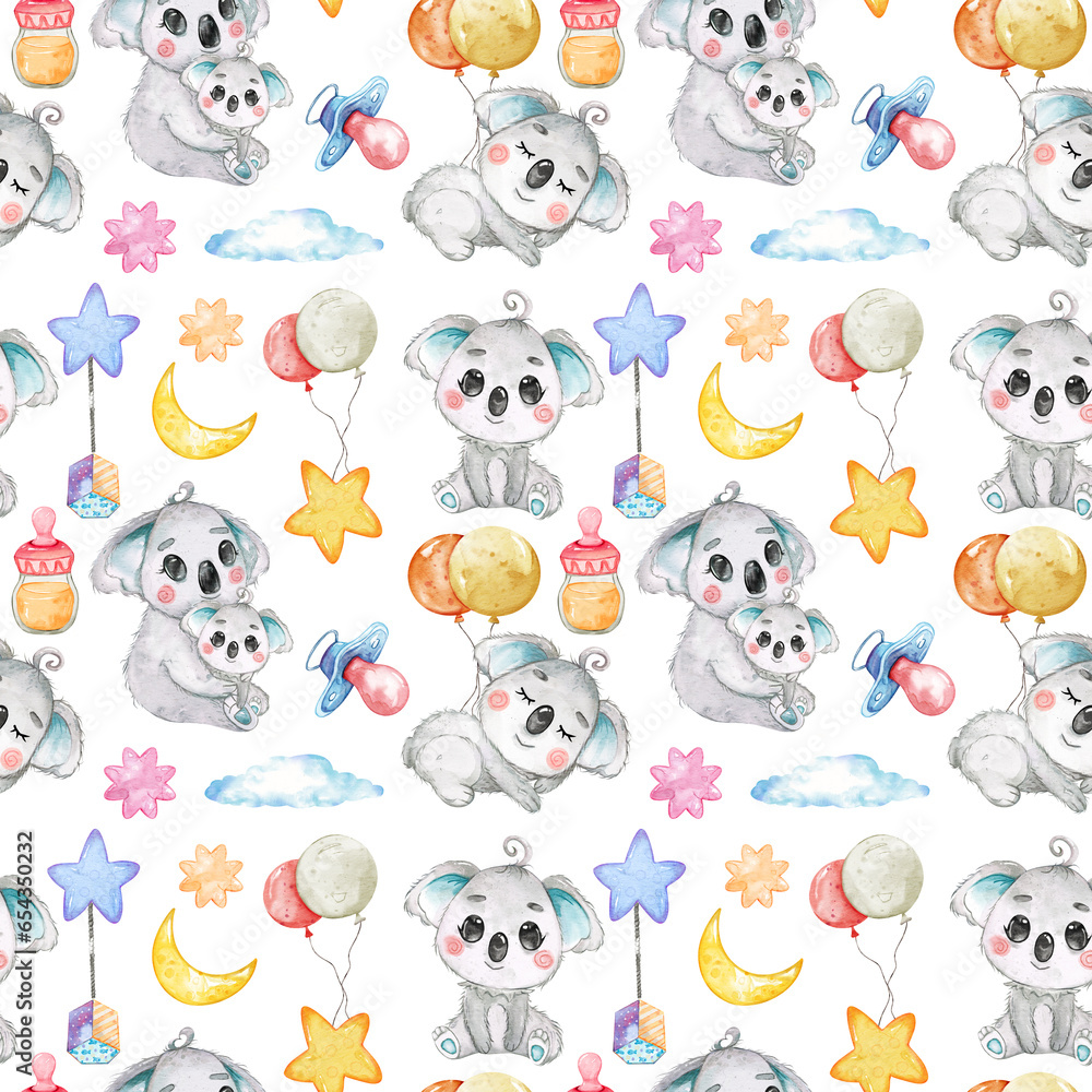 Fototapeta premium Safari Watercolor seamless pattern, Safari Nursery Decor, Cute Animals illustration, Watercolor illustration, Clipart For Kids.