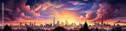 A painting of a city with a sunset in the background. AI image.