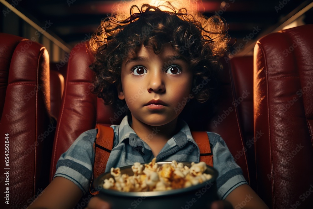 A boy with a basket of popcorn at the cinema watching an action-packed thriller.