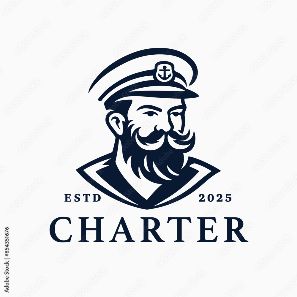 Boat charter captain logo. Mustache bearded sailor icon. Maritime skipper emblem. Vintage nautical seafarer symbol. Vector illustration.