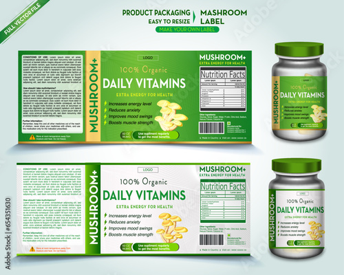 Multivitamin Label, Mushroom Label, Supplement labels, Vector bottle, Bottle label, Nutrition Supplement Label, Packaging template design, free vector label, Medicine pack