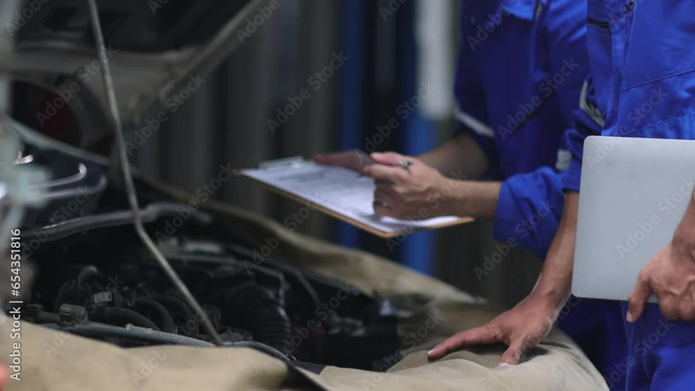 Two mechanics in a car repair shop are discussing checking engine performance and maintaining a car.