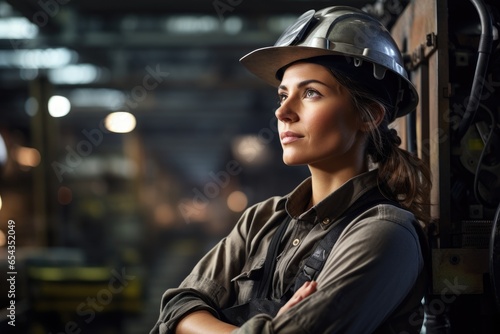 Portrait of a female engineer worker in the factory or distribution warehouse background with copy space.