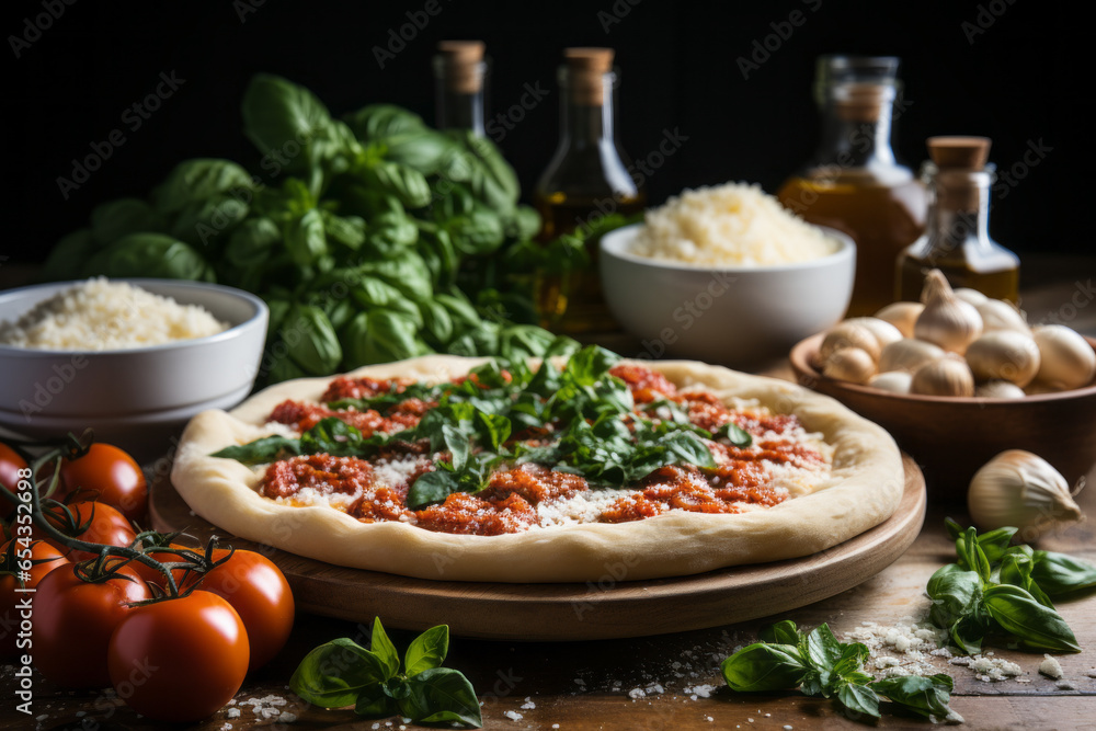 Ingredients for preparing dough and pizzas on a light background. Generative AI