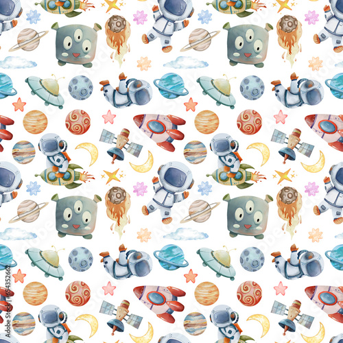 Space Watercolor seamless pattern, Outer Space Nursery Decor, Cute Aliens illustration, Watercolor illustration, Clipart For Kids.