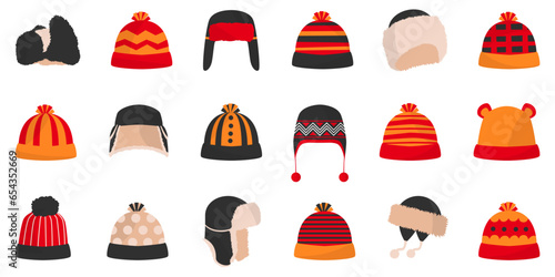 Winter hat or cap icons. Beanie collection in a flat design. Color winter hats set