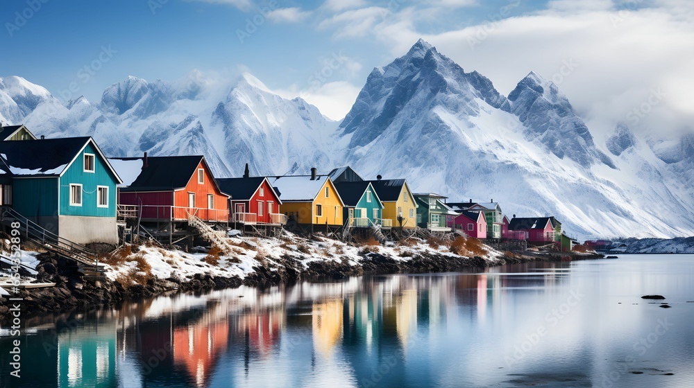 Fototapeta premium Colorful house, Beautiful lake, and mountain views. Reflected in the water of lake. with snow mountain as background, Generative Ai