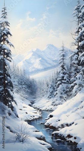 Winter landscape in the mountains with snow. Winter wonderland. Vertical banner. Instagram story.  © Lara