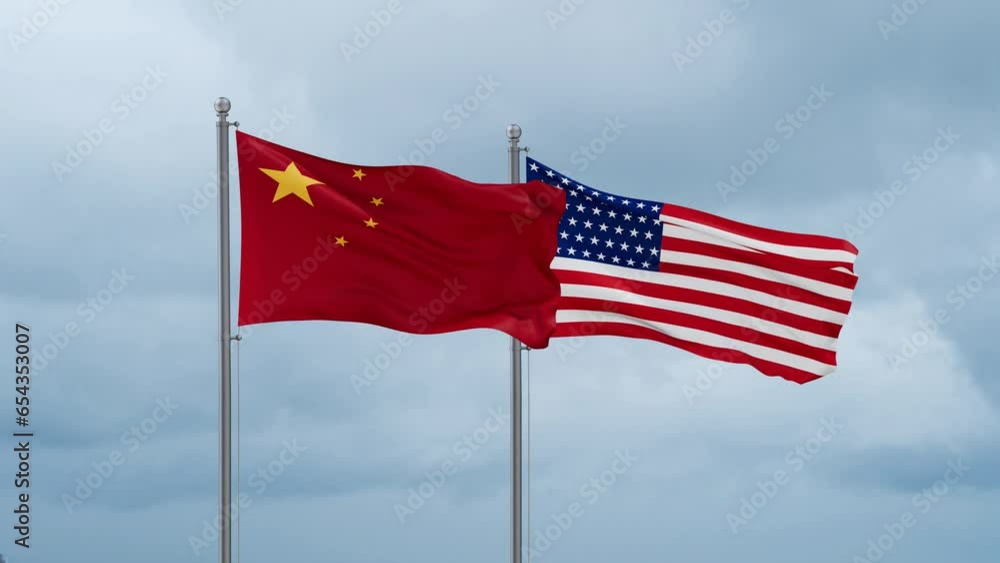 USA and China flag waving together on cloudy sky, endless seamless loop, two country cooperation concept USA and China flag waving together on cloudy sky, endless seamless loop, two country cooperation concept