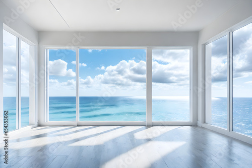 Generative KI Fensterfront sonniger wolkiger Himmel Blick aufs Meer © Stefan