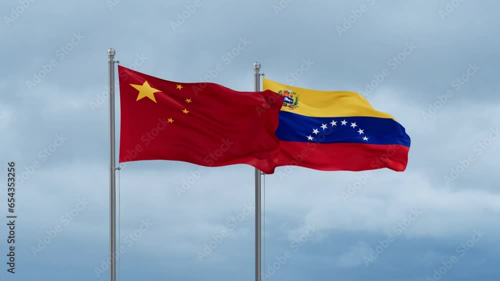 Venezuela and China flag waving together on cloudy sky, endless seamless loop Venezuela and China flag waving together on cloudy sky, endless seamless loop