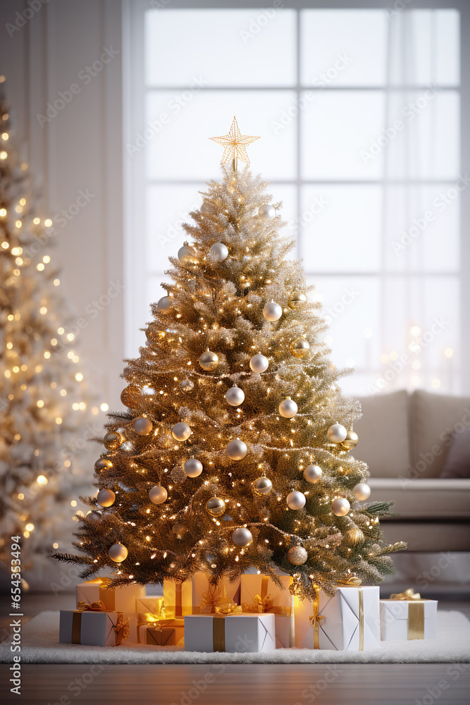 Vertical image of decorated Christmas tree in living room. Happy New Year.