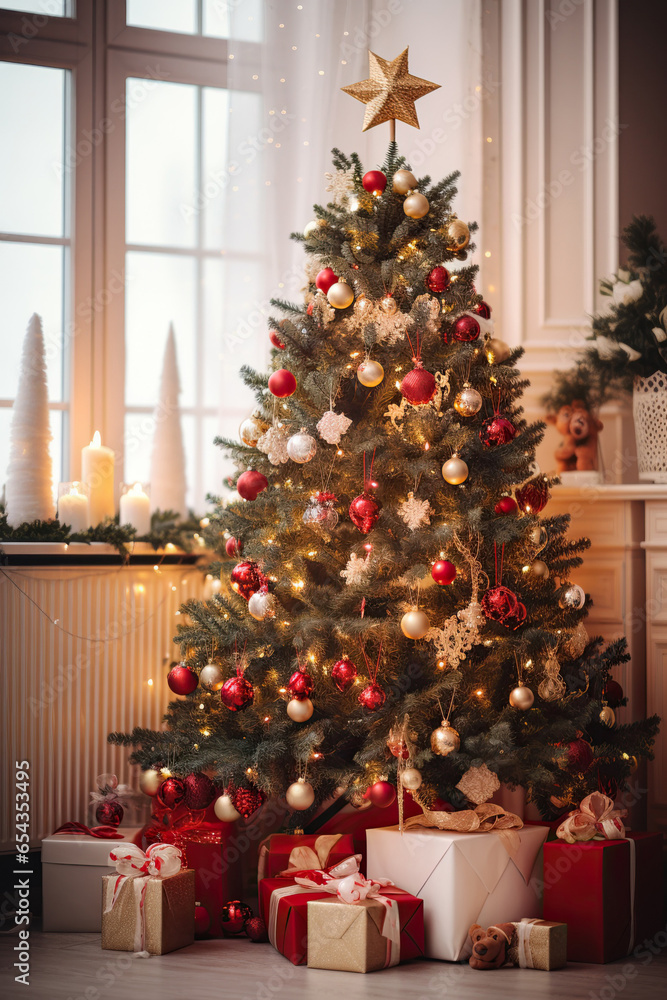 Vertical image of decorated Christmas tree in living room. Happy New Year.