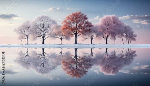 A serene winter scene with clean, minimalist trees and their reflections on a tranquil lake