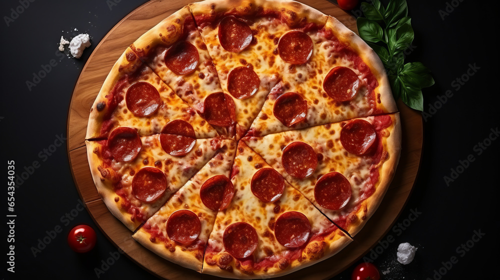 Fresh delicious pizza isolated on black background. Generative AI Fresh delicious pizza isolated on black background. Generative AI