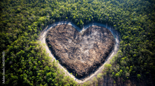 Heart shape in the middle of a dense forest, deforestation and cutting trees concept, environment and ecology, global warming photo