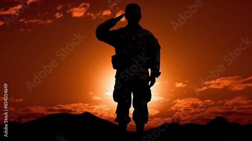 A silhouette of a soldier saluting the flags