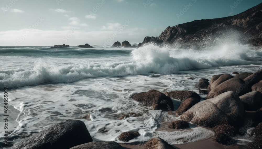 Majestic wave crashing against a rugged rock coastline Majestic wave crashing against a rugged rock coastline