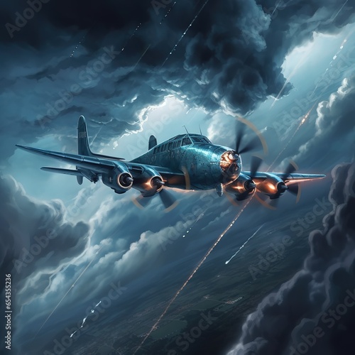 Plane flying through scarry cloud at the darkest hour