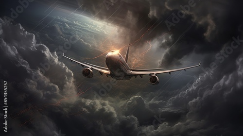 Plane flying through scarry cloud at the darkest hour
