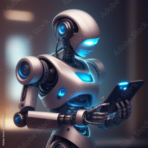 3d render of a robot holding a laptop © The glossy backgroun