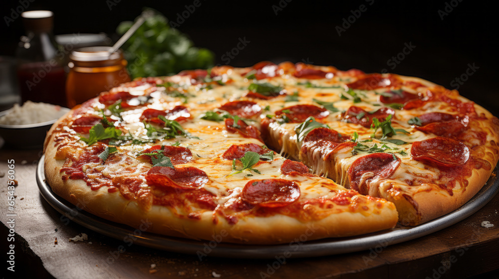 Delicious pizza with lots of cheese and very appetizing. Generative AI