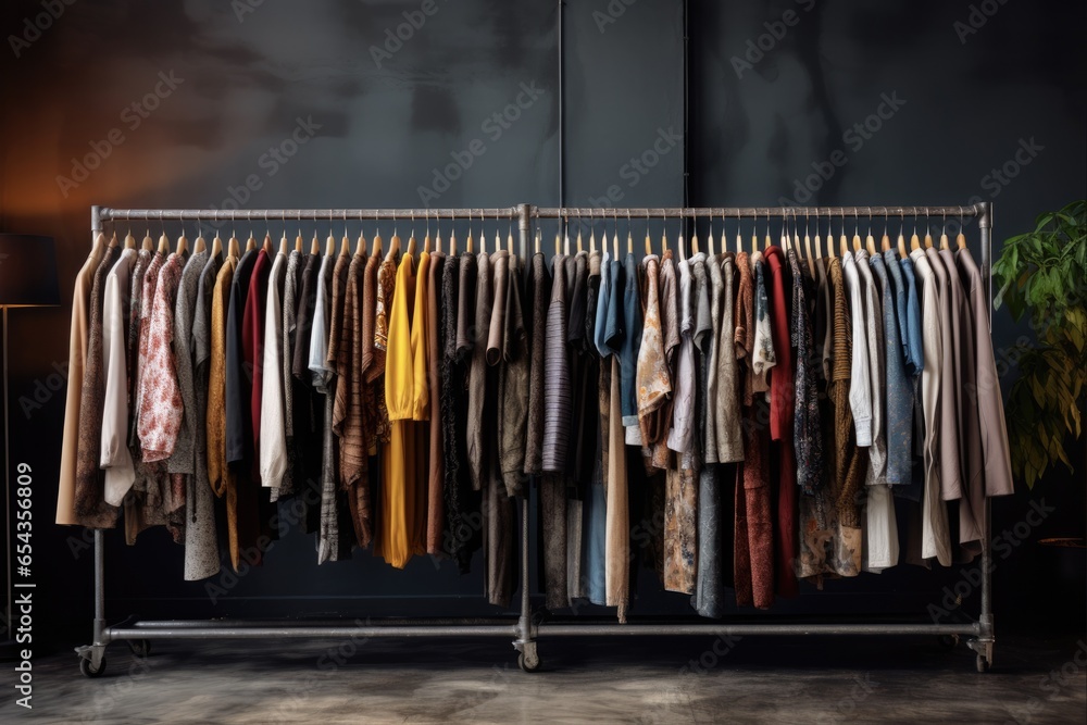 Clothing Displayed at Modern Boutique. Fashionable Clothes Hanging on Rack inside Retail Store