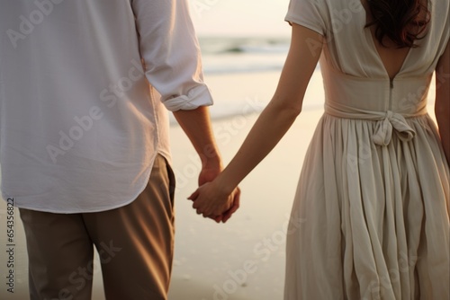 David Proposing Vanessa. Adult Caucasian Hand with Engagement Ring near Beach Background