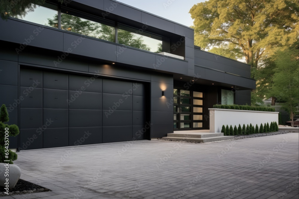 Fototapeta premium Modern Black Garage Entry Door. Realistic Estate Building Gate in a Sectional Front Design