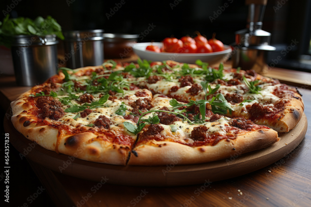 Delicious pizza with lots of cheese and very appetizing. Generative AI Delicious pizza with lots of cheese and very appetizing. Generative AI