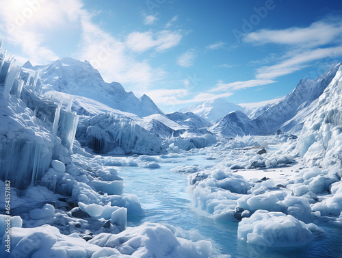 Illustration of a landscape of rivers and mountains covered with ice and snow. On a sunny day and a blue sky.