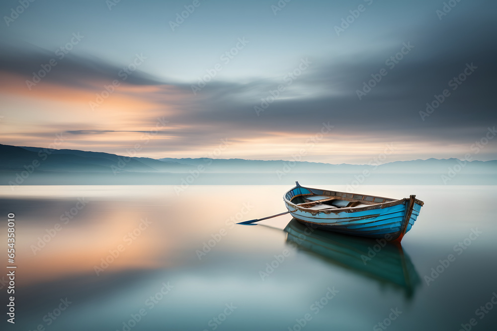 Fishing boat on the lake at sunrise. Dramatic scene.