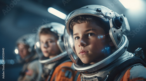 Boy astronaut in spaceship interior