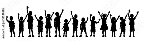 Group of happy kid dancing, kid raising hand silhouette