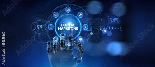 Digital marketing internet online advertising. robot hand pressing virtual button 3d render. © Murrstock