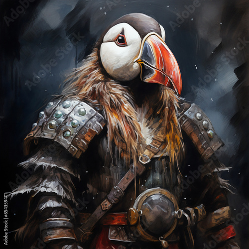 Puffin wear a viking costume and warrior outfit in the black background