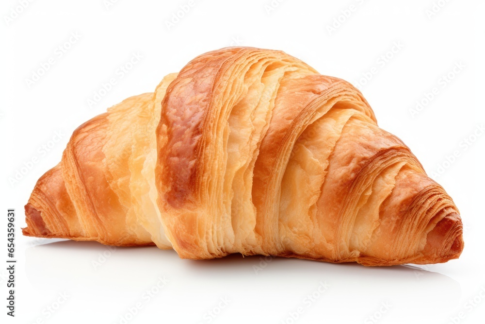 A classic crescent shaped croissant sliced in half isolated on a white background A classic crescent shaped croissant sliced in half isolated on a white background