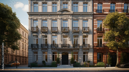 Historic building façade with apartment windows and balcony in a European city © Charlotte
