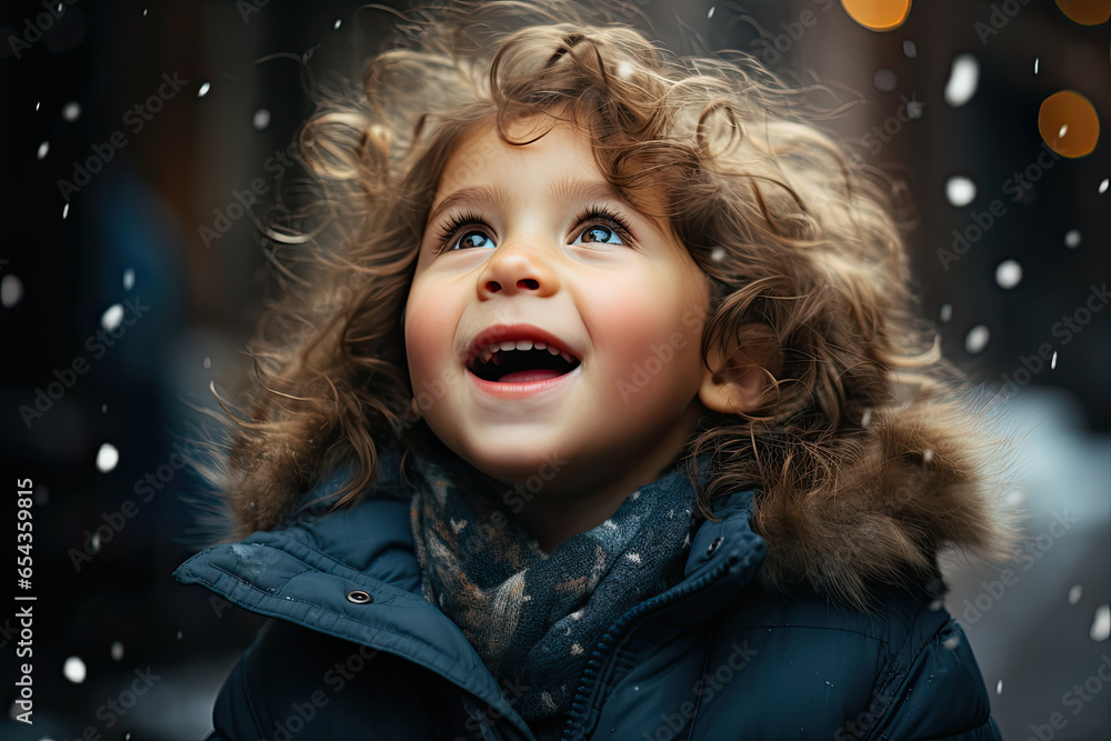 Boy is happy about the falling first snow Boy is happy about the falling first snow