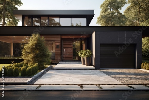 A contemporary home with entry doors