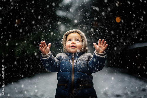 Little child is happy about the falling first snow