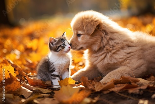 A mixed breed puppy kisses a kitten amid fall foliage