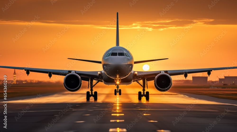 A large jetliner is taking off and landing on the airport runway at sunset. A large jetliner is taking off and landing on the airport runway at sunset.