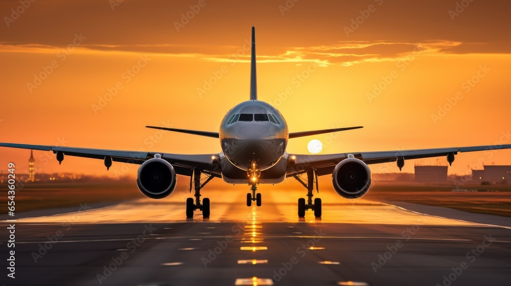 A large jetliner is taking off and landing on the airport runway at sunset.