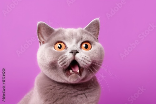 A surprised British cat with an open mouth depicted on a coral background