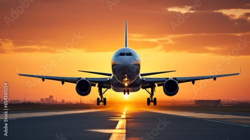 A large jetliner is taking off and landing on the airport runway at sunset.