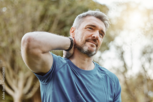 Runner man, neck pain and injury in park, thinking and stress in nature for workout, training or health. Mature person, muscle emergency and sad for arthritis, fibromyalgia or osteoporosis in summer