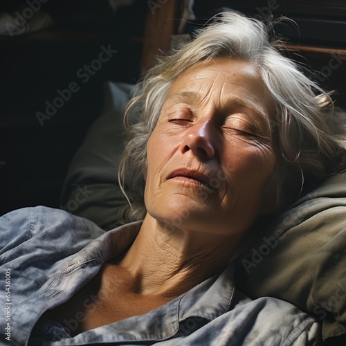 sleeping elderly gray-haired woman in a bed or sofa, dark time of day, generated by AI.
