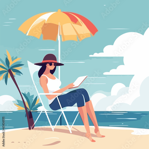 Single woman reading a book at beach flat design vector
