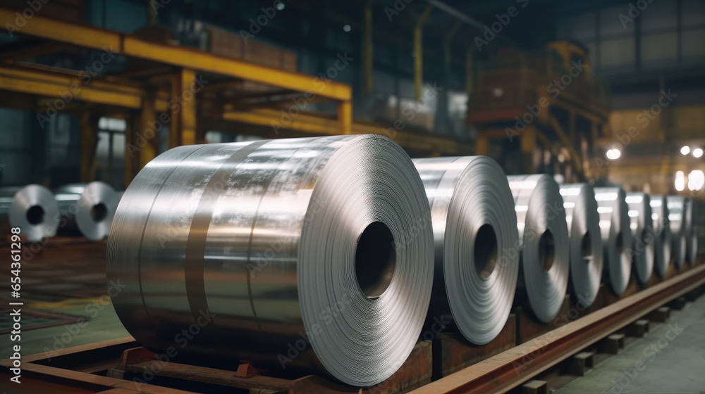 Roll of galvanized steel sheet at a metalworking factory - obrazy, fototapety, plakaty 